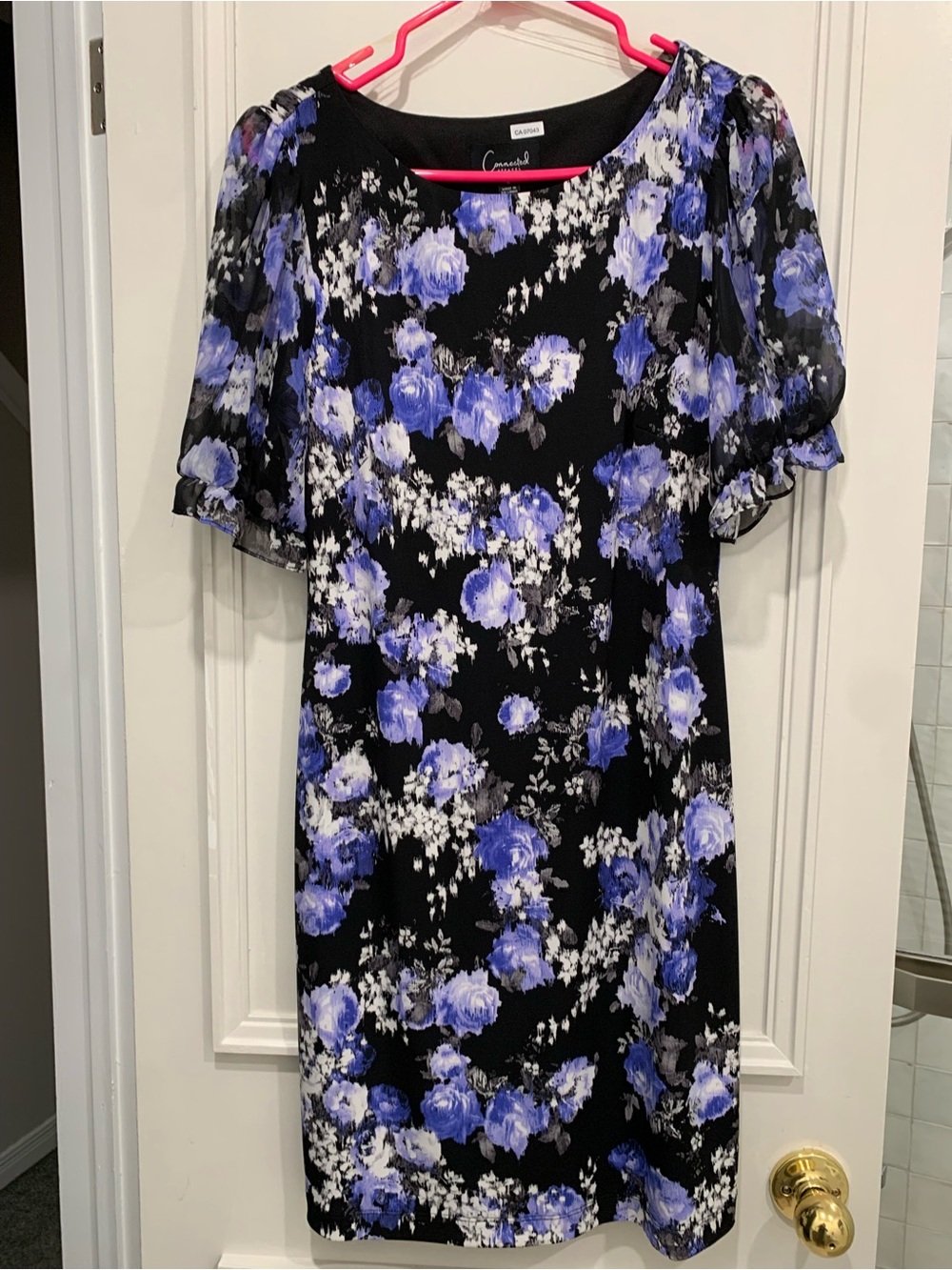 Connected Apparel Black Floral Midi Dress with Blue & White Blooms